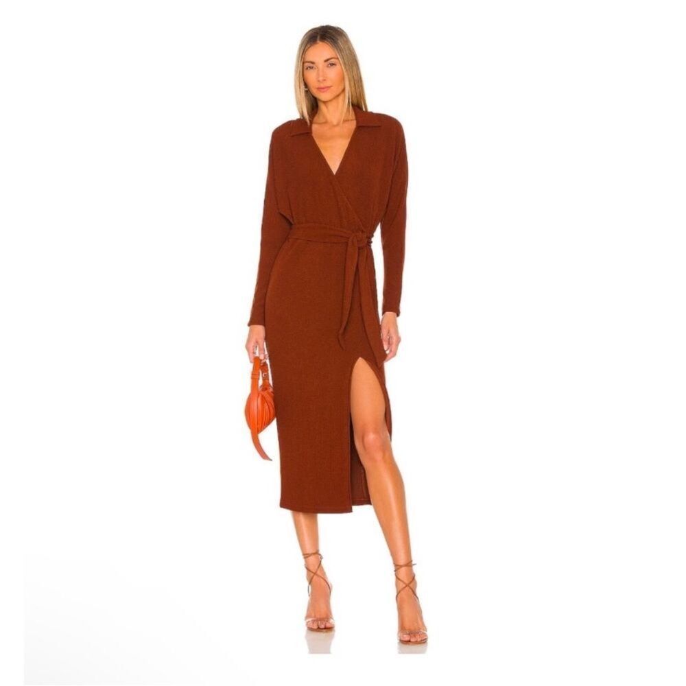 Saylor Nathali Knit Long Sleeve Midi Dress Leg Slit Burgundy Collared Size XS
